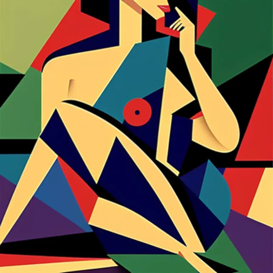 Sophia by Chris Thompkins, a geometric abstract figure composed from bold planes of red, blue, green, yellow, purple, and black.