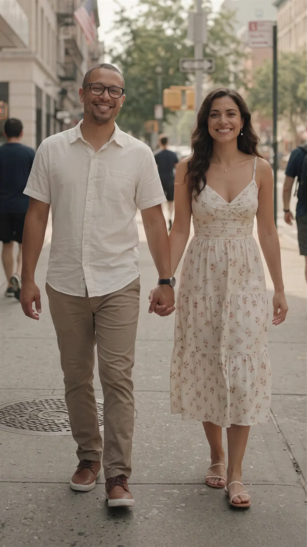 Marcus and Nia walking together, holding hands on a city sidewalk.